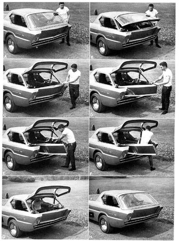 Visualización creativa del concepto 'maletero infinito' en vehículo icónico. Visualización creativa del concepto 'maletero infinito' en vehículo icónico.