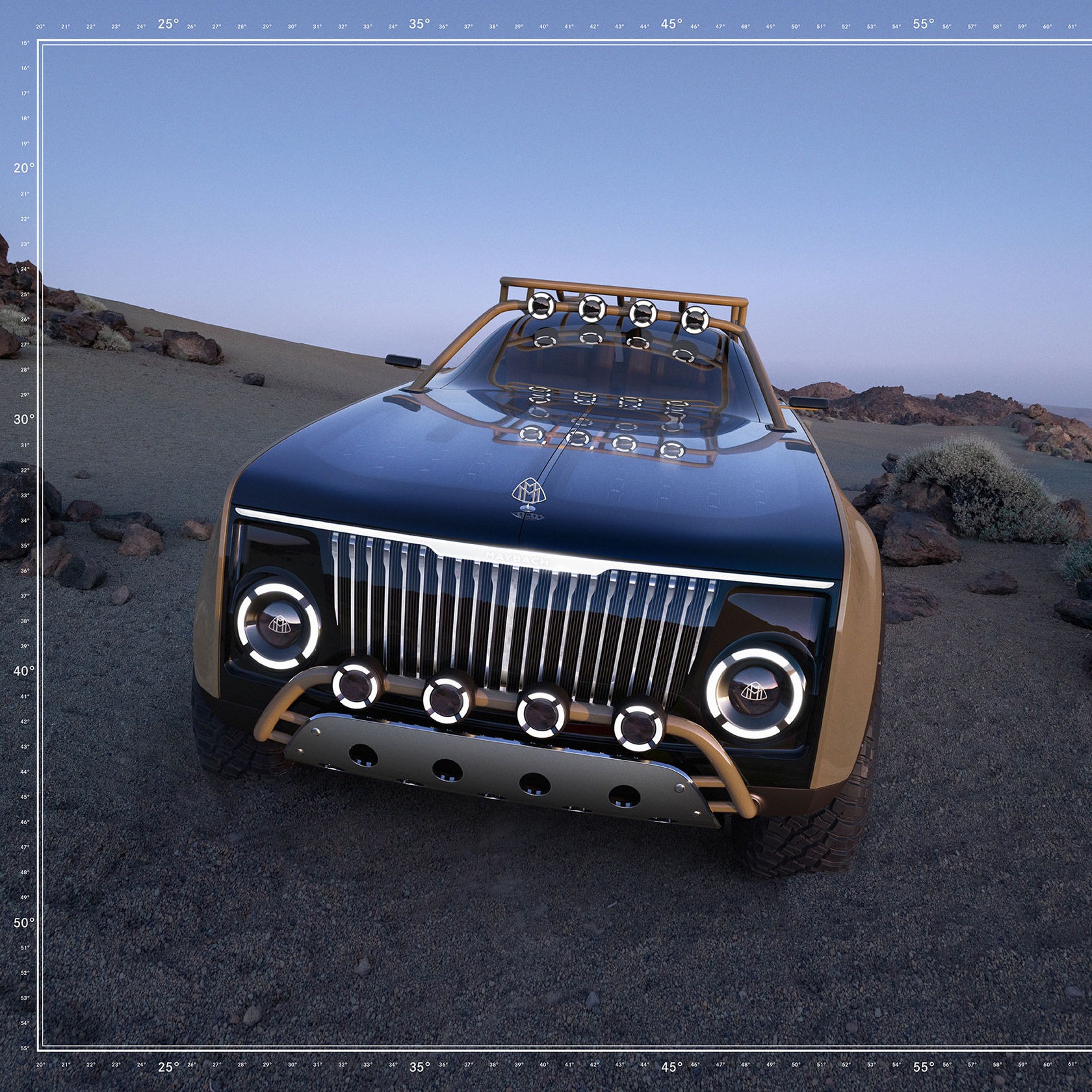 Impresionante visión delantera de un Maybach preparado para el offroad, mostrando una imponente parrilla y luces LED.