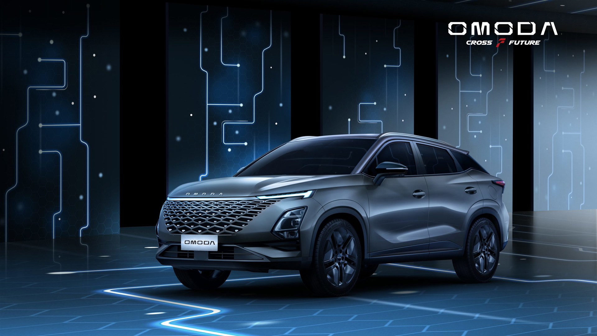Vista frontal y lateral del Omoda 5, mostrando un diseño audaz y moderno.