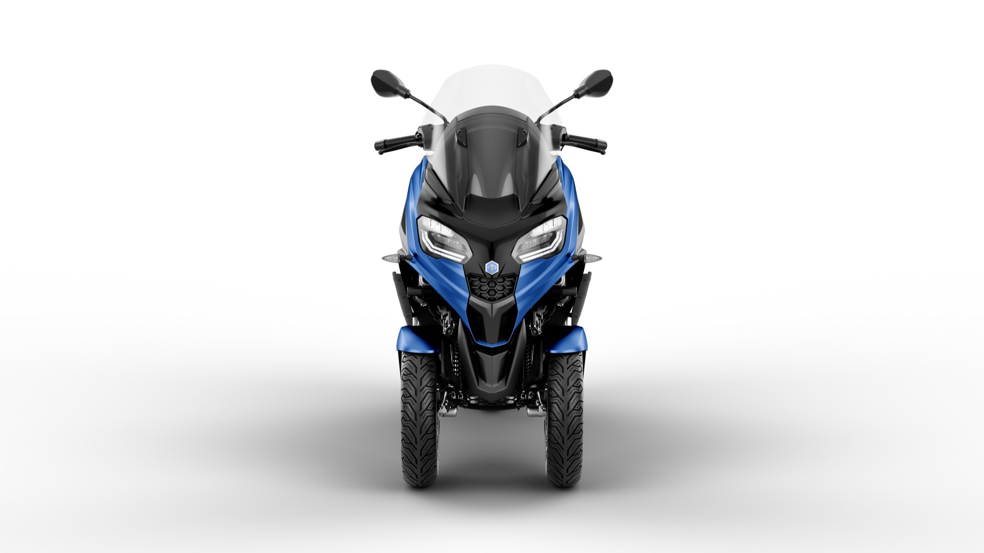 Vista delantera Piaggio MP3 310 2024, evidenciando su innovador diseño de 3 ruedas.