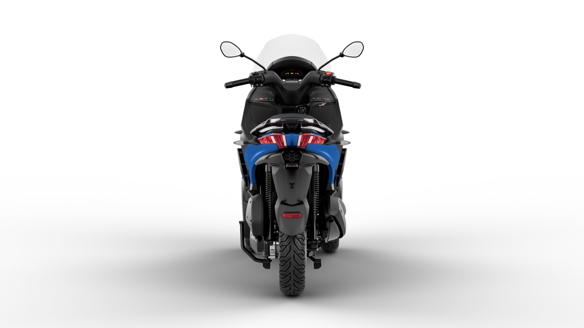 Vista frontal del Piaggio MP3 en su versión 2024, mostrando el sistema de 3 ruedas.