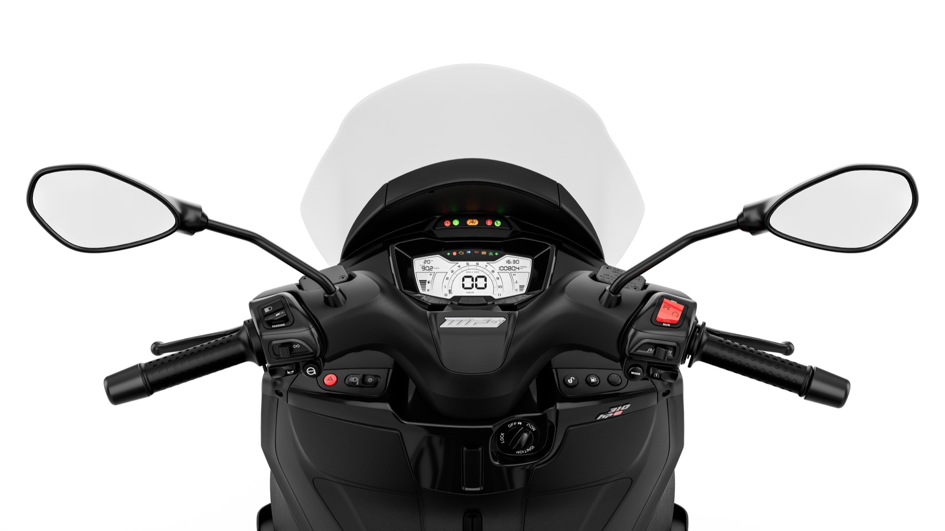 Vista frontal del Piaggio MP3 310 2024, resaltando su diseño triciclo.