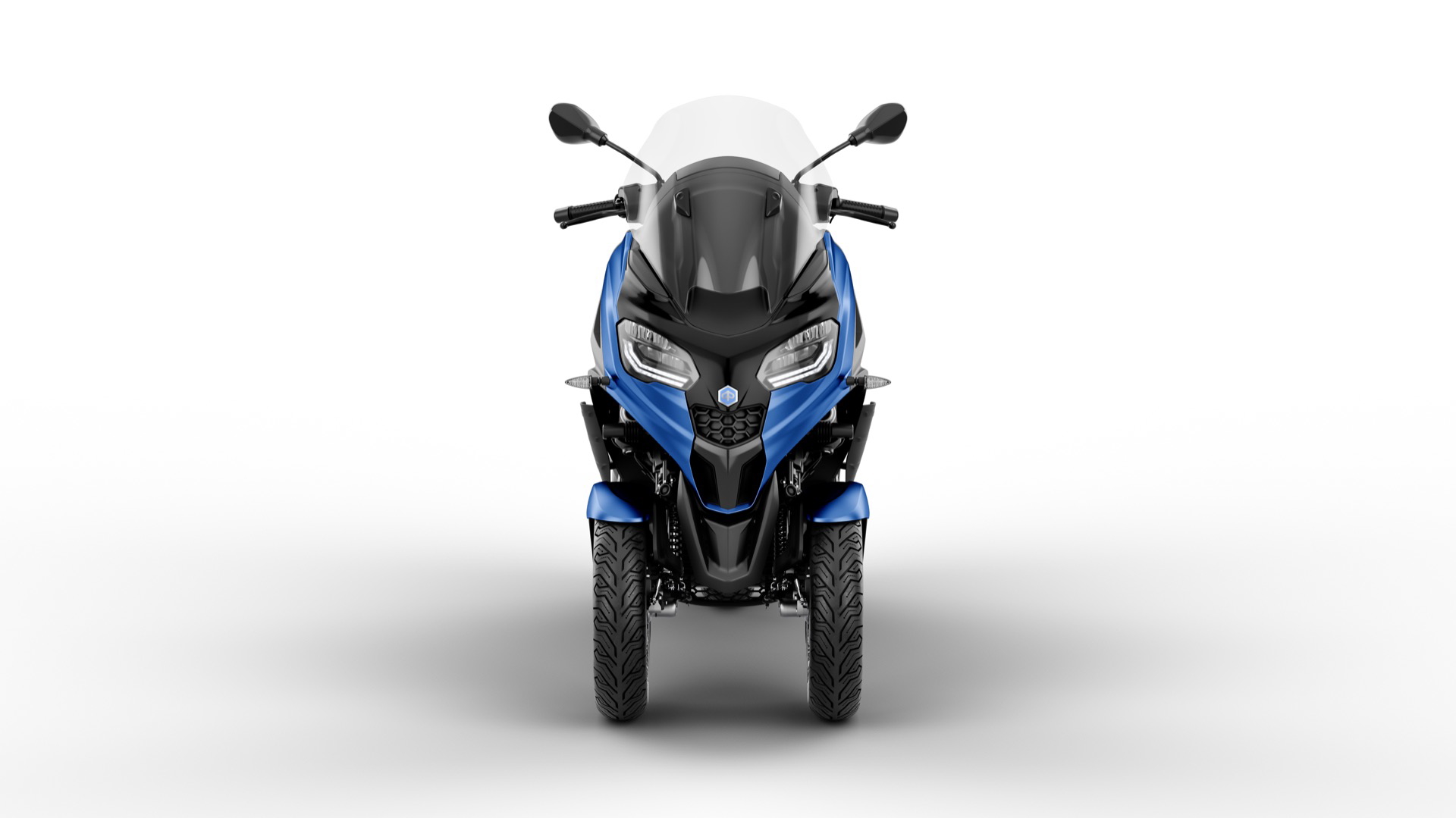 Vista frontal del Piaggio MP3 310 2024 destacando su diseño de 3 ruedas único.