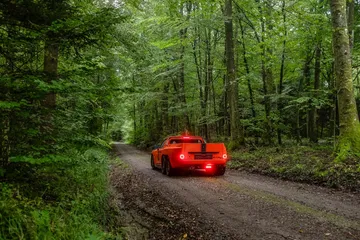 Una visión lateral de un Porsche 6x6 pickup en movimiento por un camino forestal.