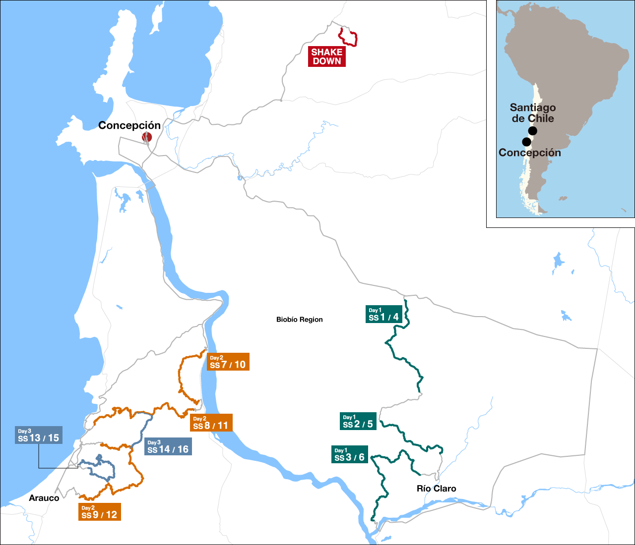 Mapa detallado de las etapas del Rally de Chile 2024.