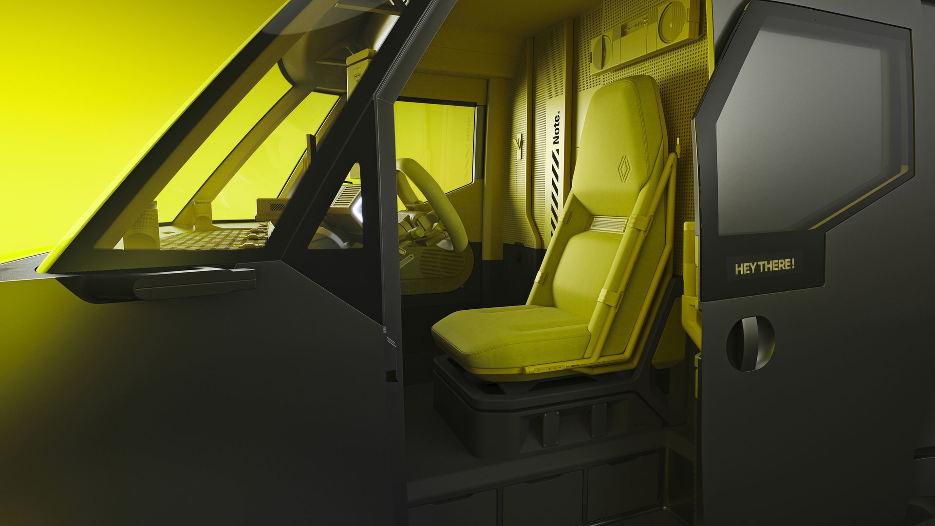 Vista interior de la Renault Estafette Concept, con asientos en tono amarillo.