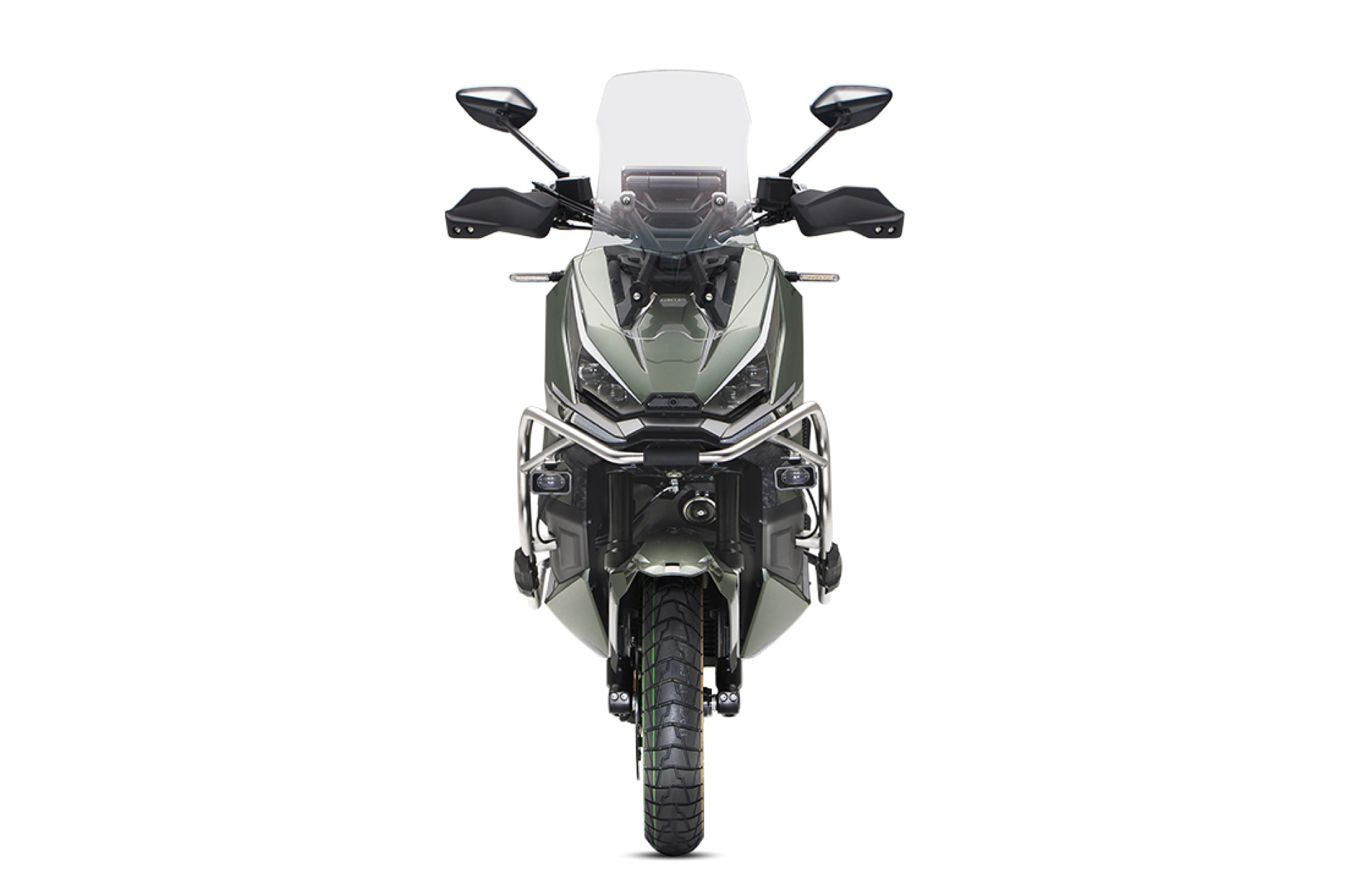 Vista frontal del SUV de dos ruedas Zontes 368G, potencia y versatilidad todo terreno.