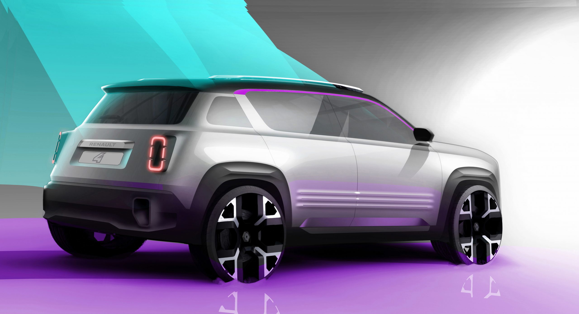Vista trasera y lateral del nuevo Renault 4, un SUV compacto con diseño moderno.