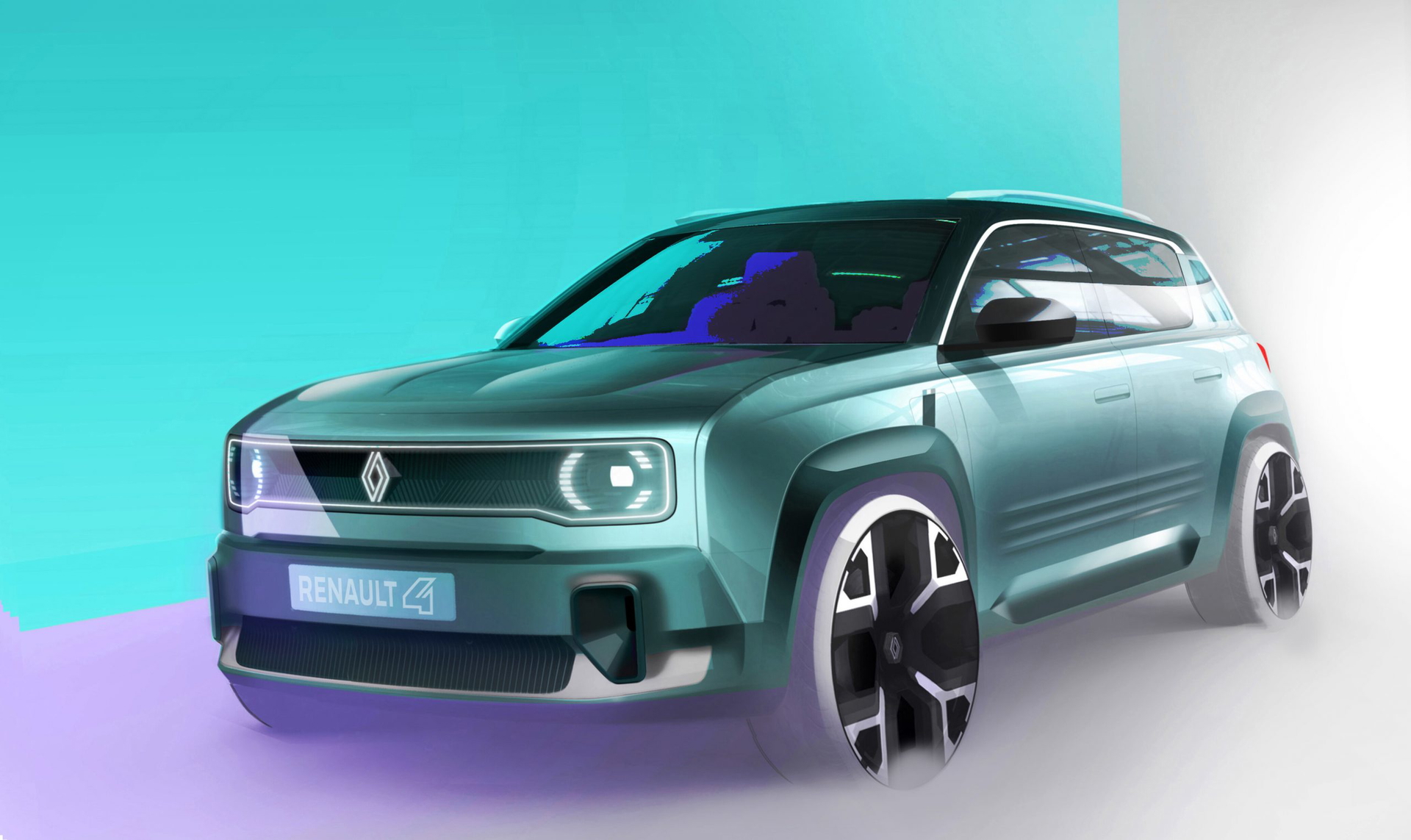 Vista delantera y lateral del nuevo Renault 4, mostrando su diseño SUV moderno.