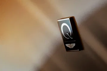 Detalle emblemático del logo Aston Martin, iluminación sutil.