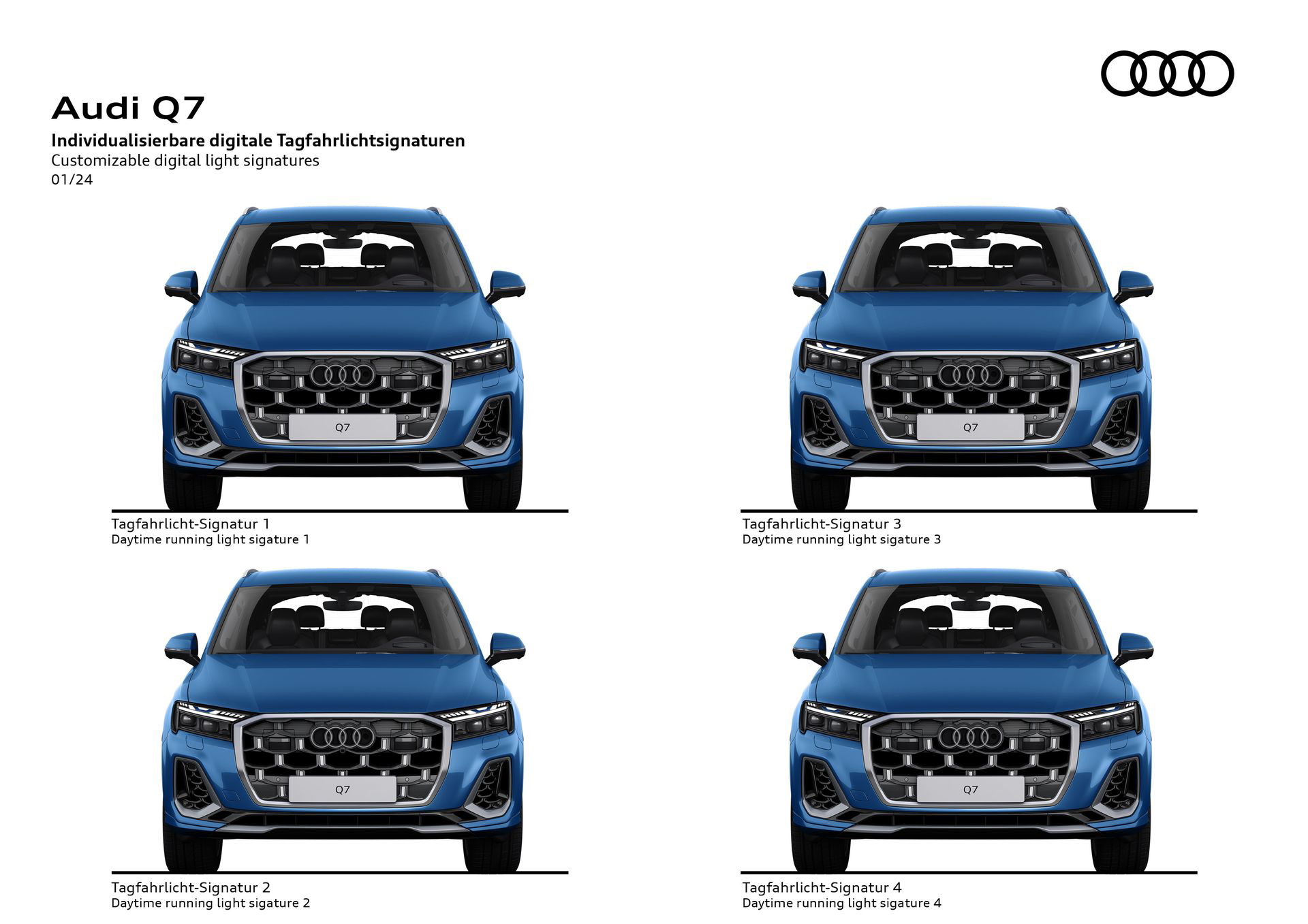 Impresionante frontal del Audi Q7 con su rejilla Singleframe y faros LED.