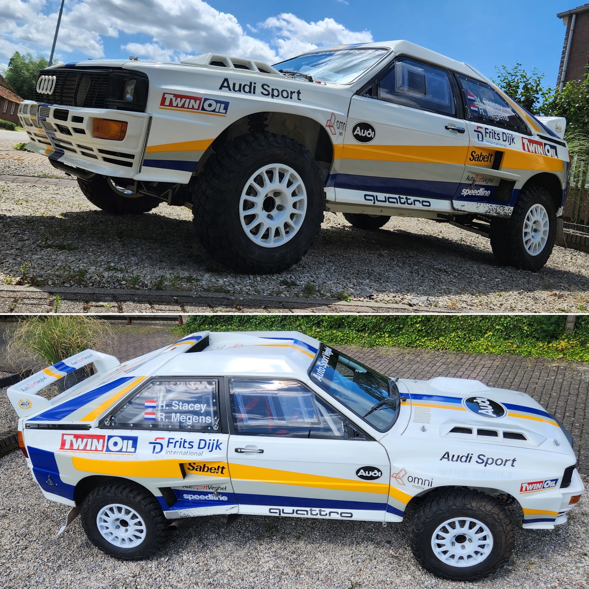 Vista lateral del Audi Quattro listo para conquistar el Dakar.