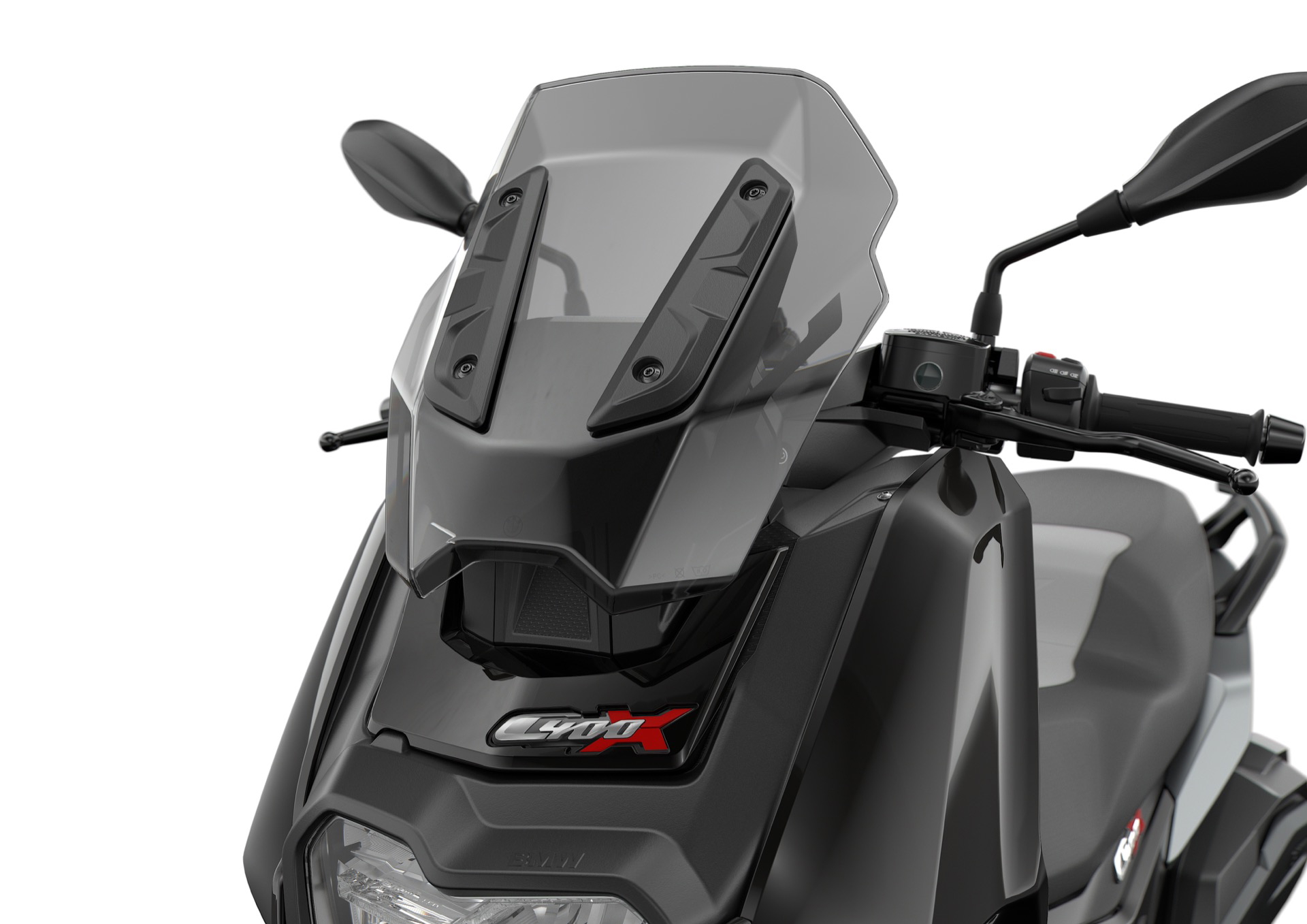 Vista delantera BMW C 400 X, resaltando su diseño que fusiona dinamismo y robustez.