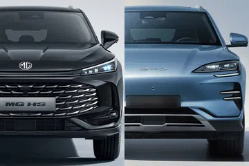 Comparativa frontal SUVs BYD Seal y MG HS PHEV, diseño y dimensiones destacadas.
