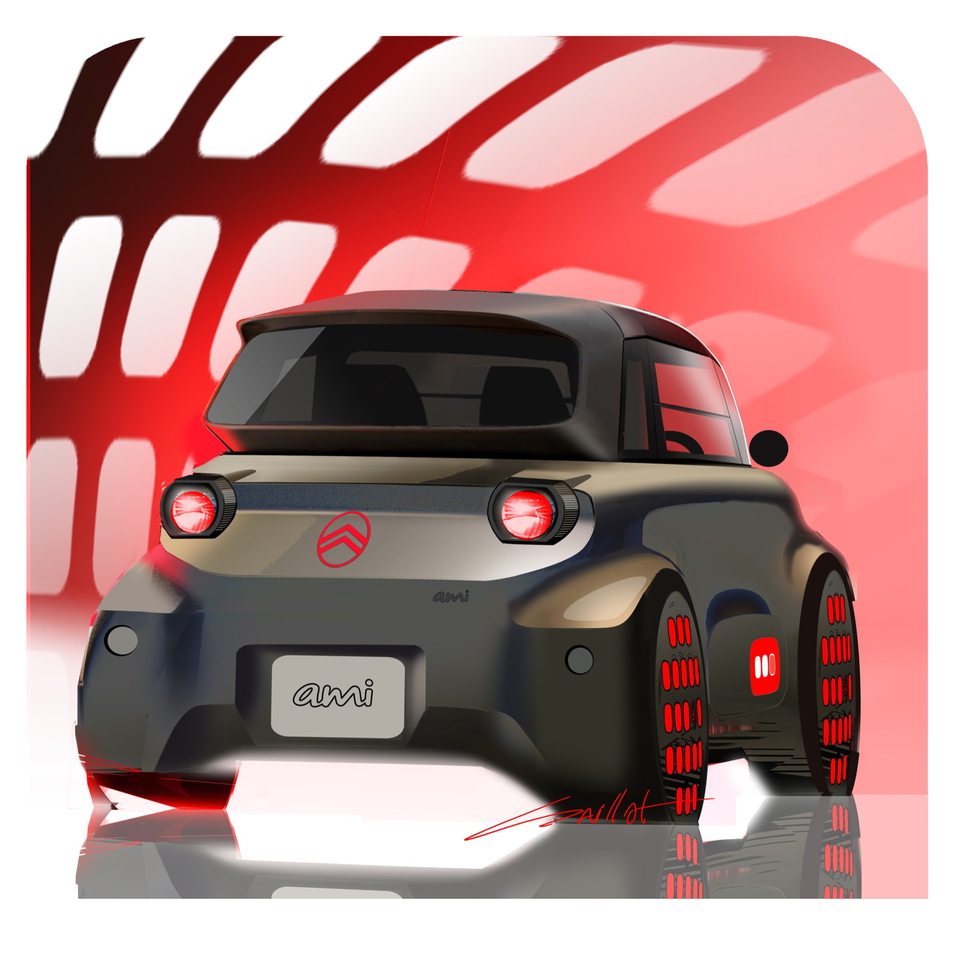 Vista trasera-lateral del Citroën AMI 2025, destacando su diseño compacto.