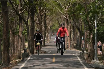 Imagen de personas montando bicicletas en un sendero arbolado