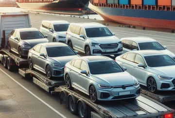 Vista de una flota de vehículos listos para importación, enfocando la parte frontal y lateral.