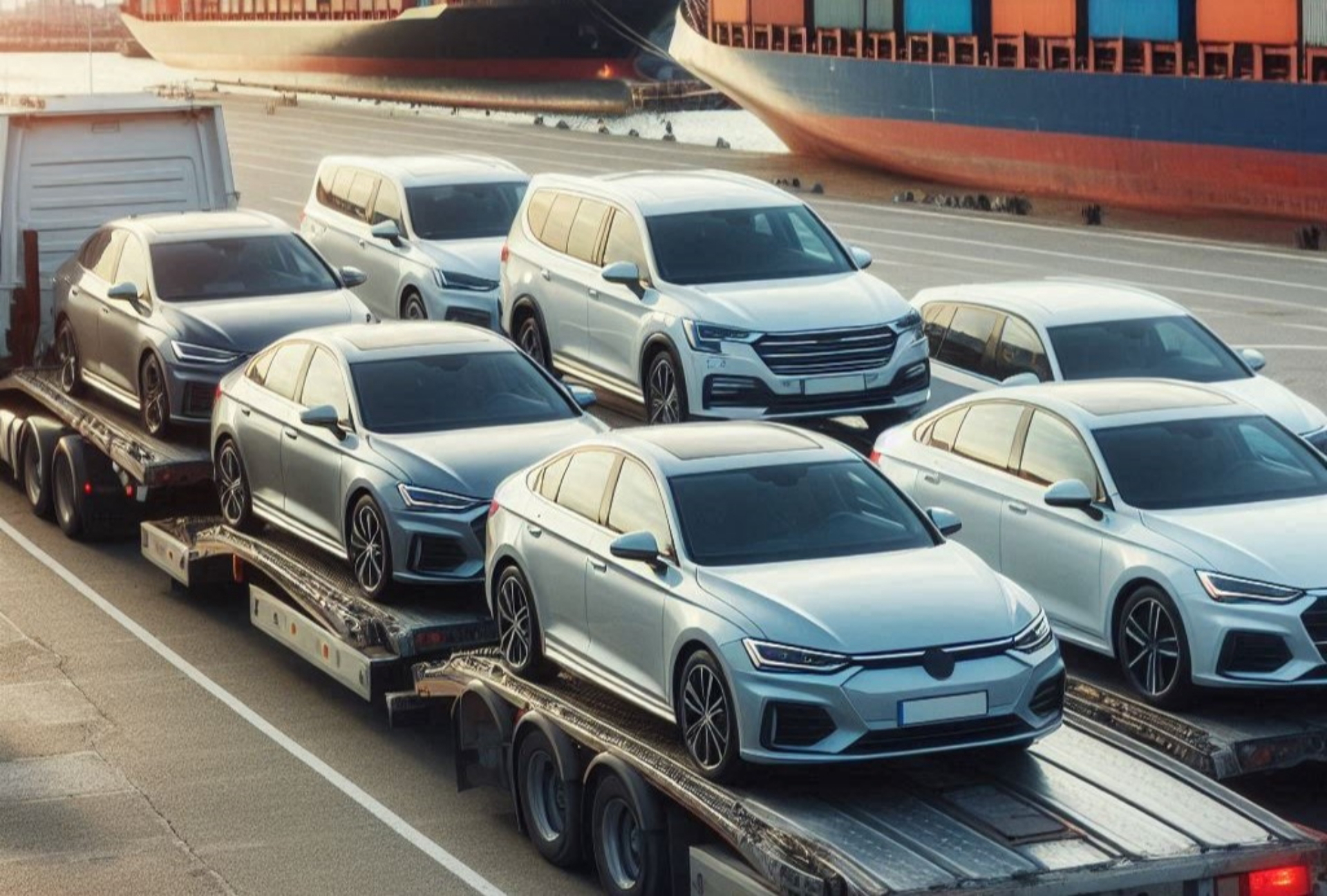 Vista de una flota de vehículos listos para importación, enfocando la parte frontal y lateral.