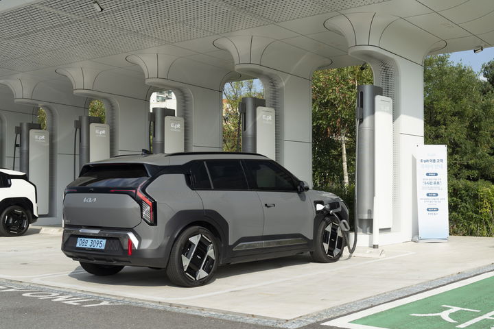 El KIA EV6 recargando en una estación de carga, mostrando su diseño trasero y lateral.