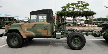 Vista lateral del KIA KM450, un pick-up militar todoterreno robusto.