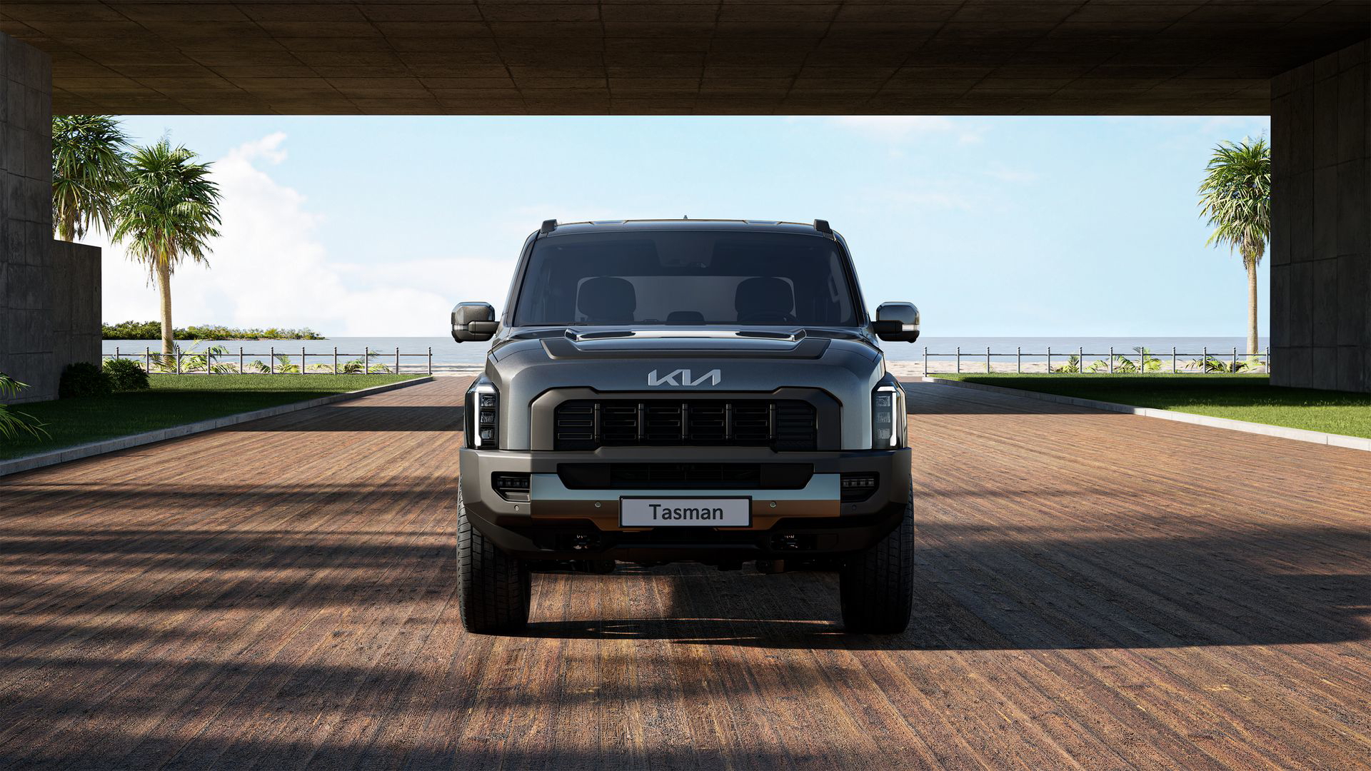Vista frontal del Kia Tasman 2025, robustez y estilo moderno.