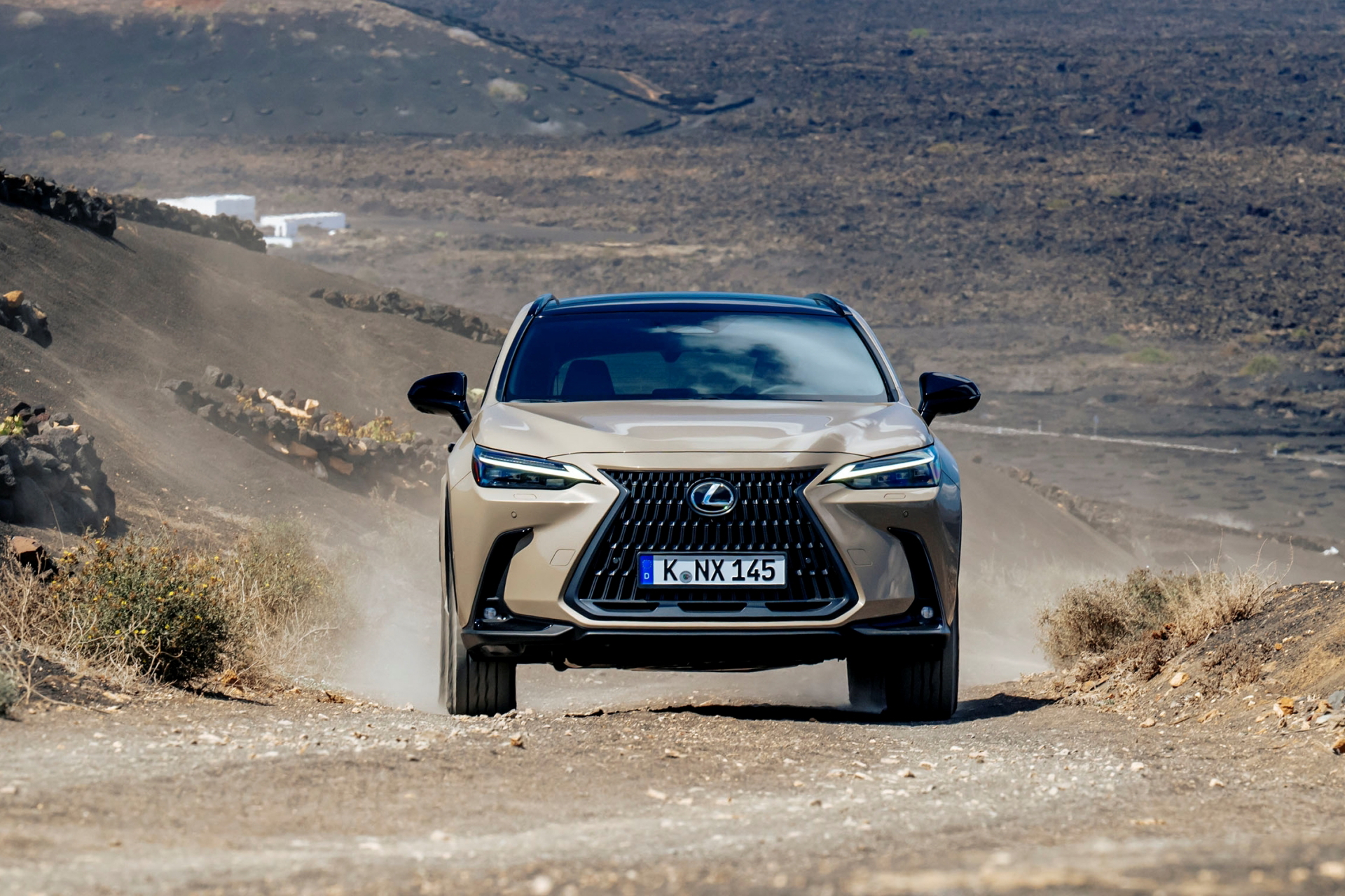 Vista dinámica del Lexus NX 350h Overtrail mostrando su capacidad todoterreno.