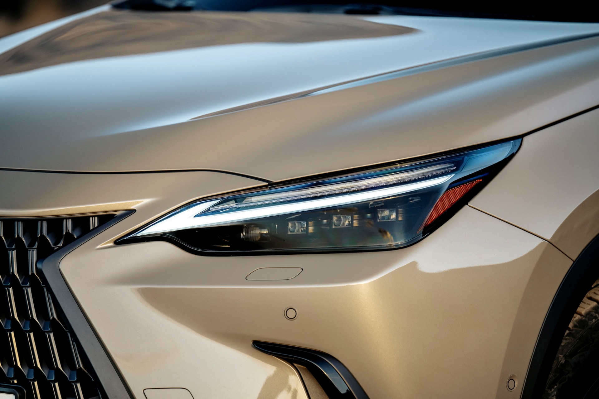 Primer plano del Lexus NX 350h Overtrail 2024 mostrando detalle del faro.