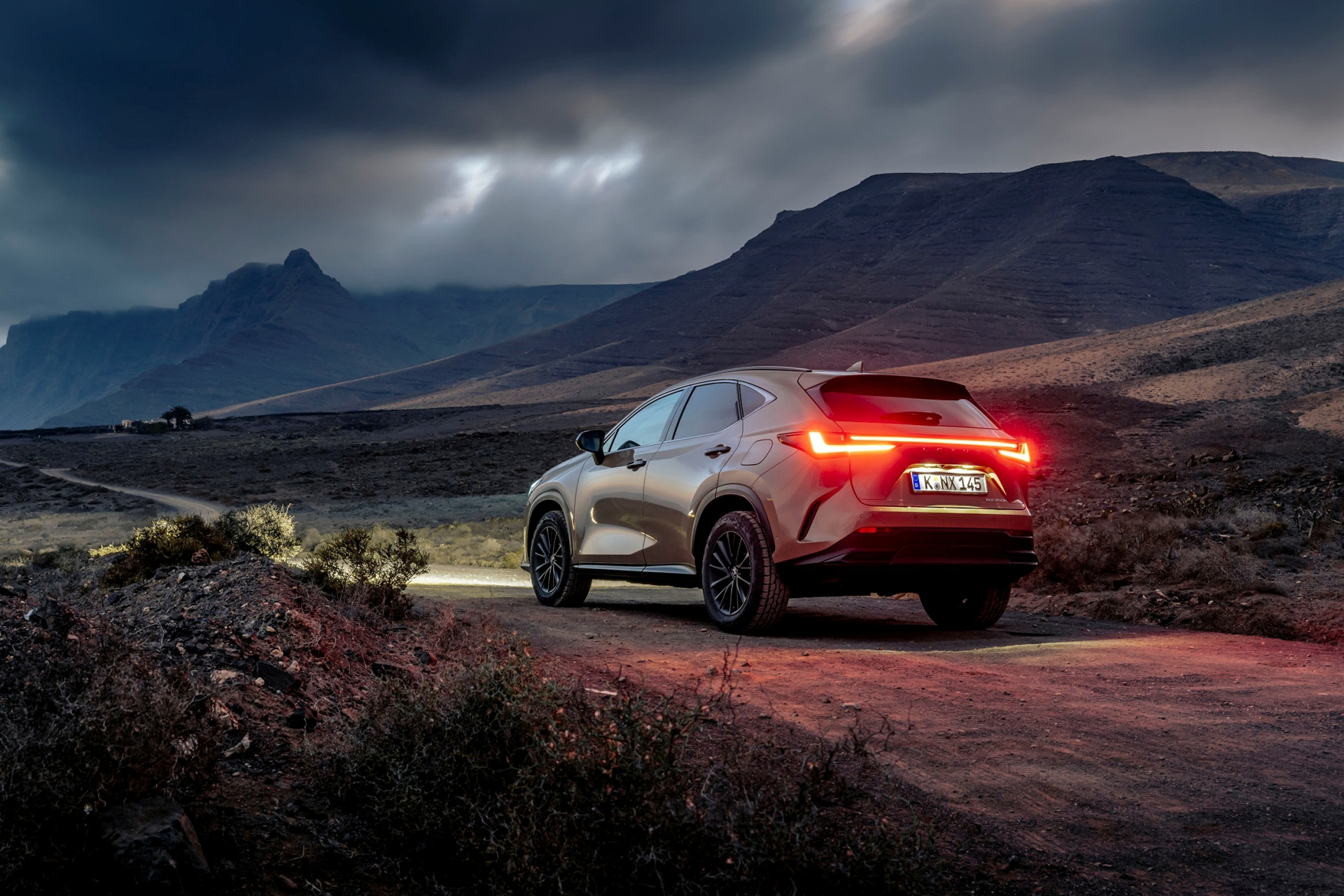 Vista dinámica del Lexus NX 350h Overtrail 2024 en entorno natural