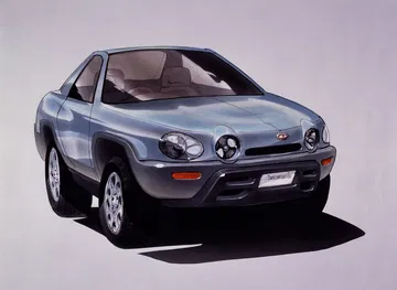 Vista angulada del Nissan Judo, resaltando su diseño futurista y líneas robustas.