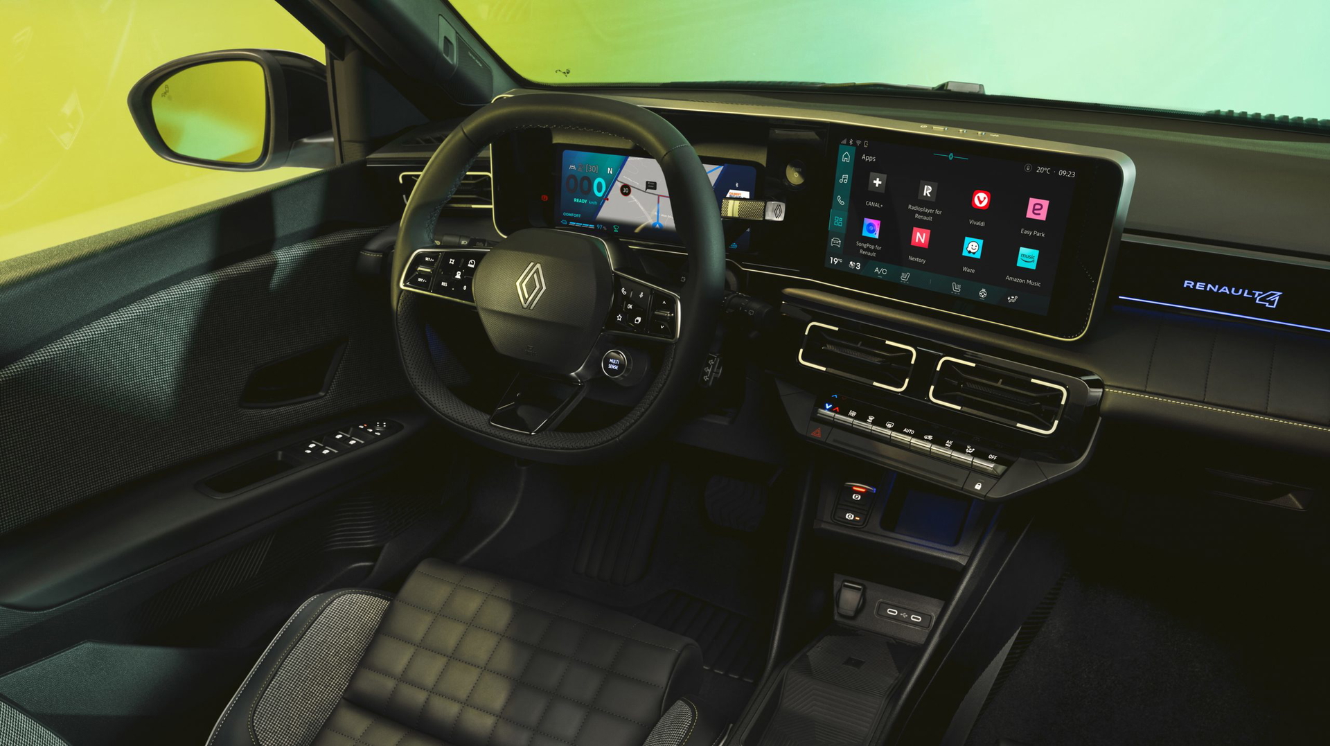 Vista del habitáculo moderno y tecnológico del nuevo Renault 4.