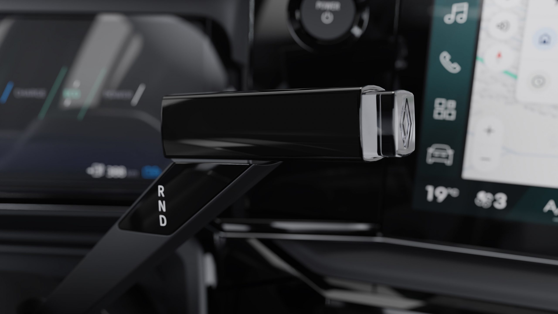 Palanca de cambios futurista del Renault 4 con pantalla táctil integrada