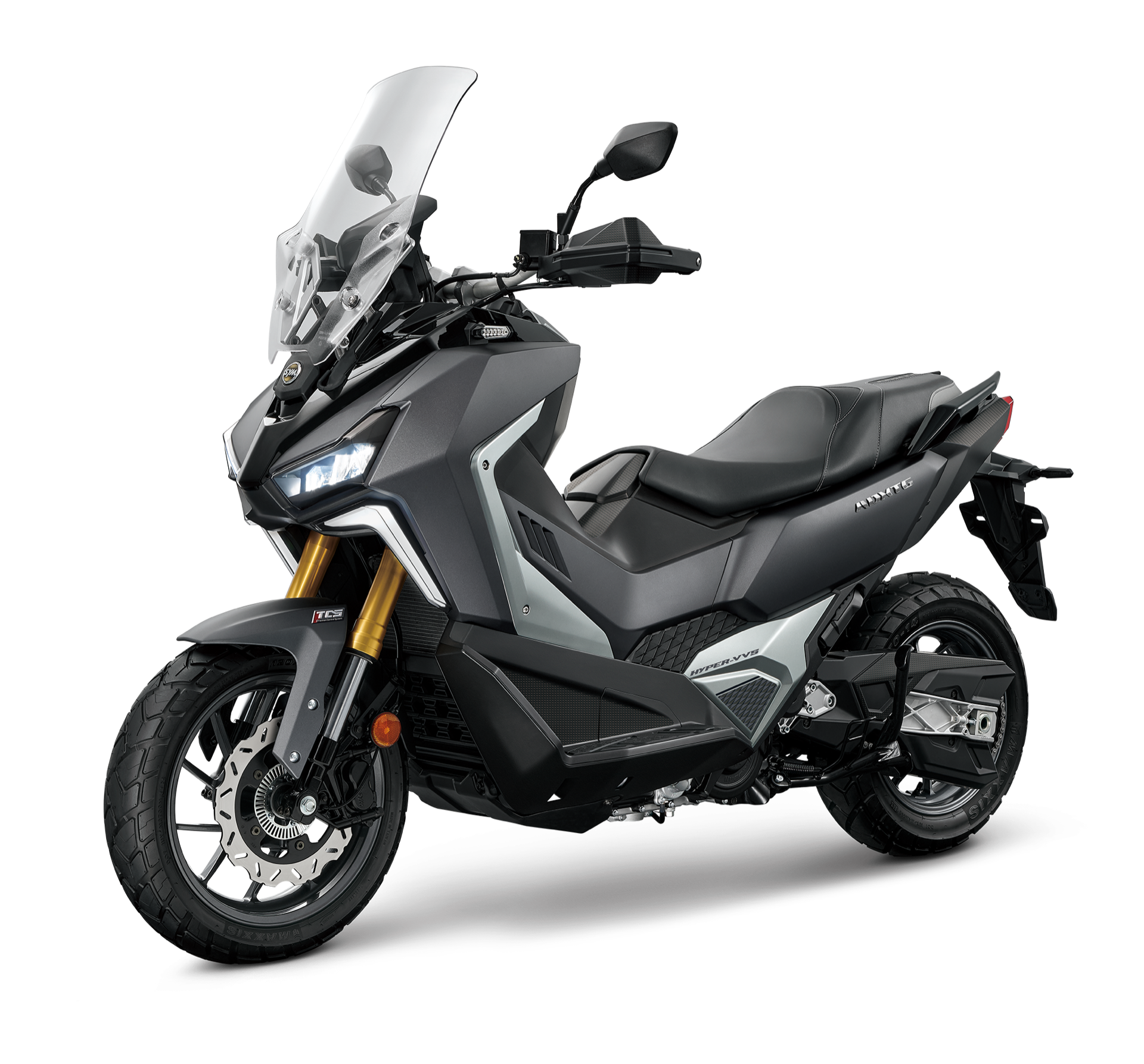 Vista lateral SYM ADXTG400, muestra diseño aerodinámico.