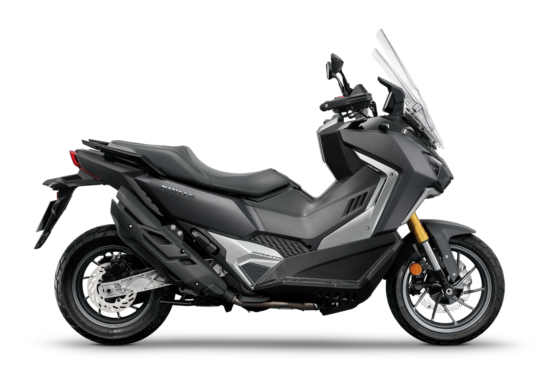 Vista lateral del scooter SYM ADXTG400, mostrando líneas aerodinámicas.