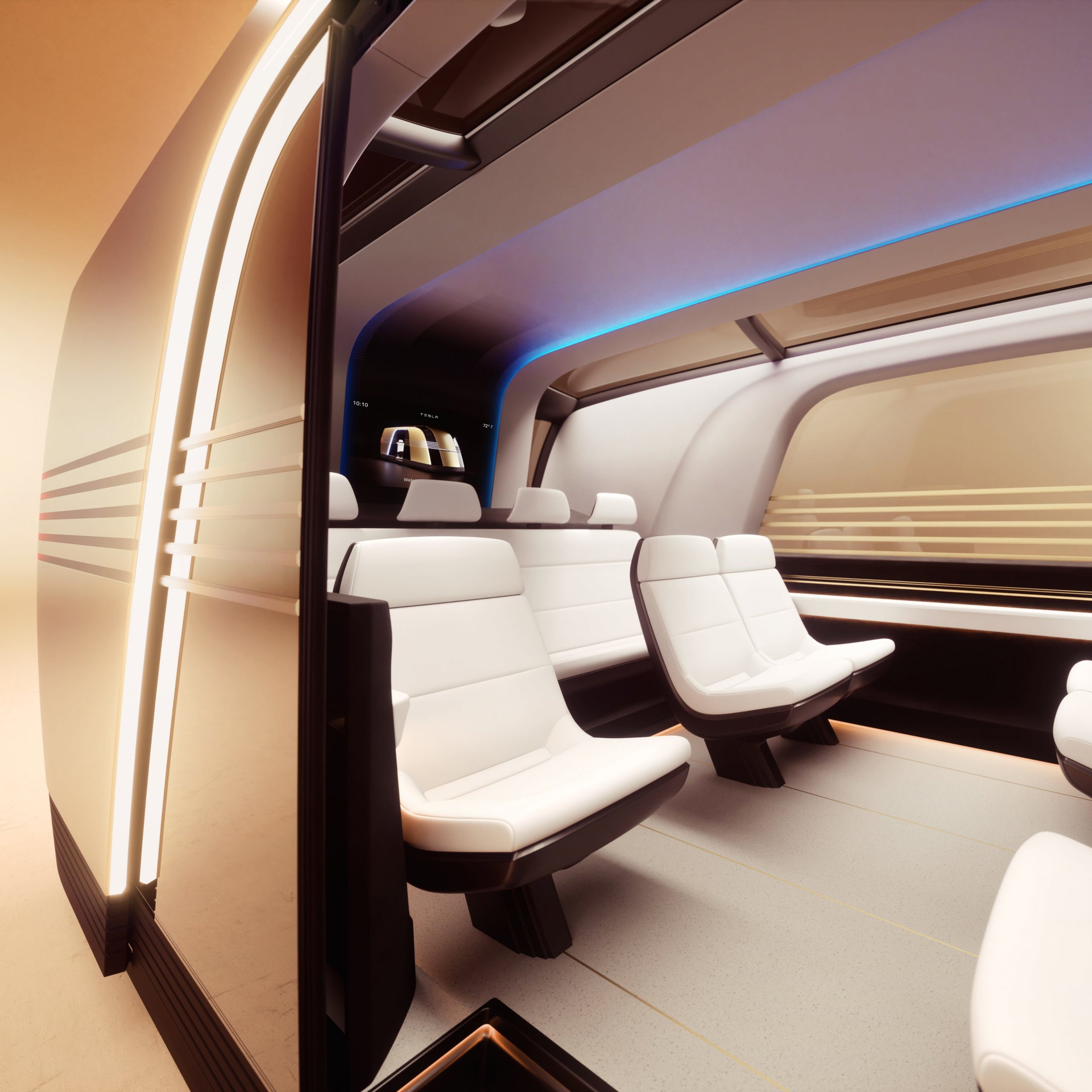 Vista del habitáculo futurista del Tesla Cybercab, con asientos modulares y sin controles tradicionales.