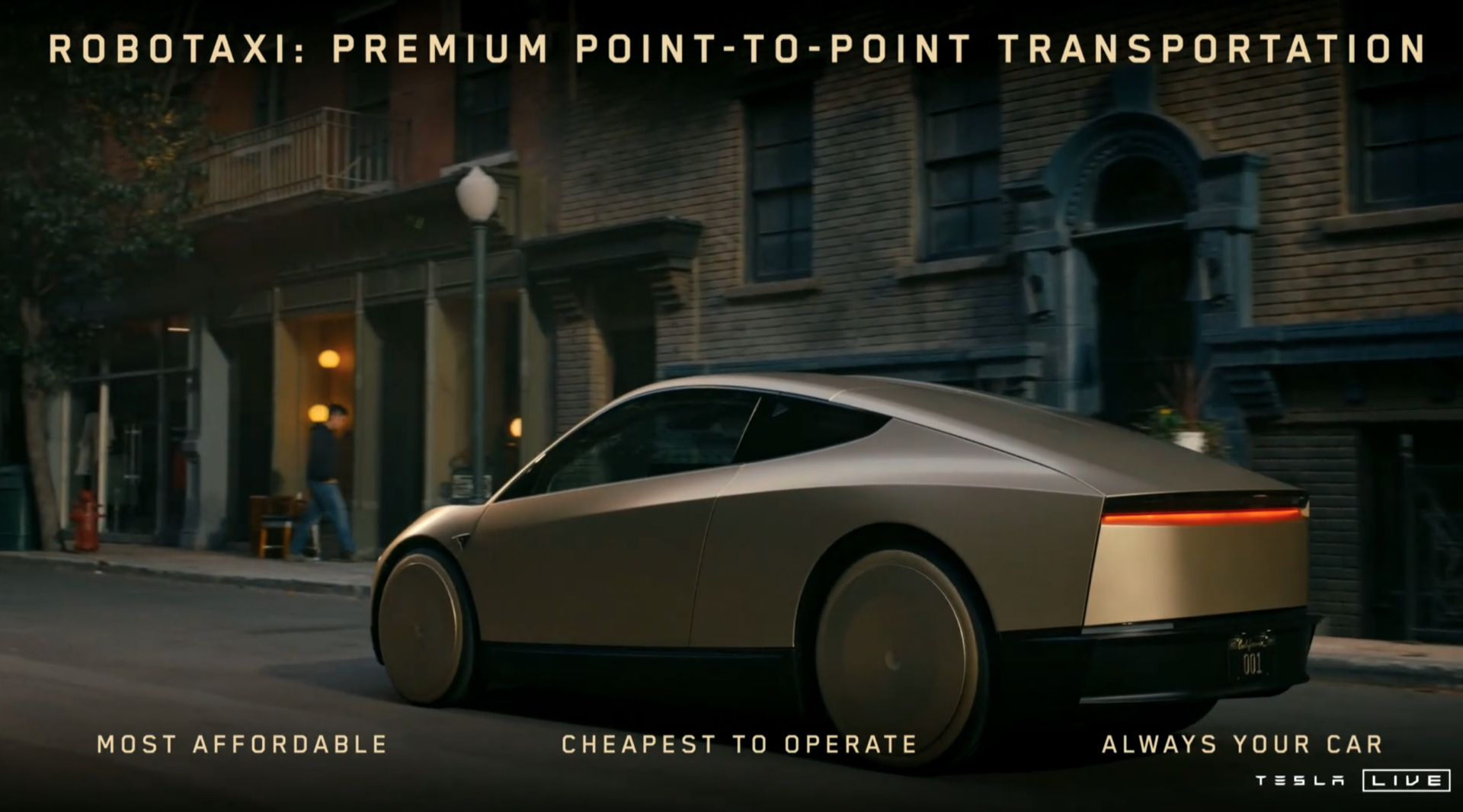 Vista trasera-lateral Tesla CyberCab, diseño futurista y minimalista