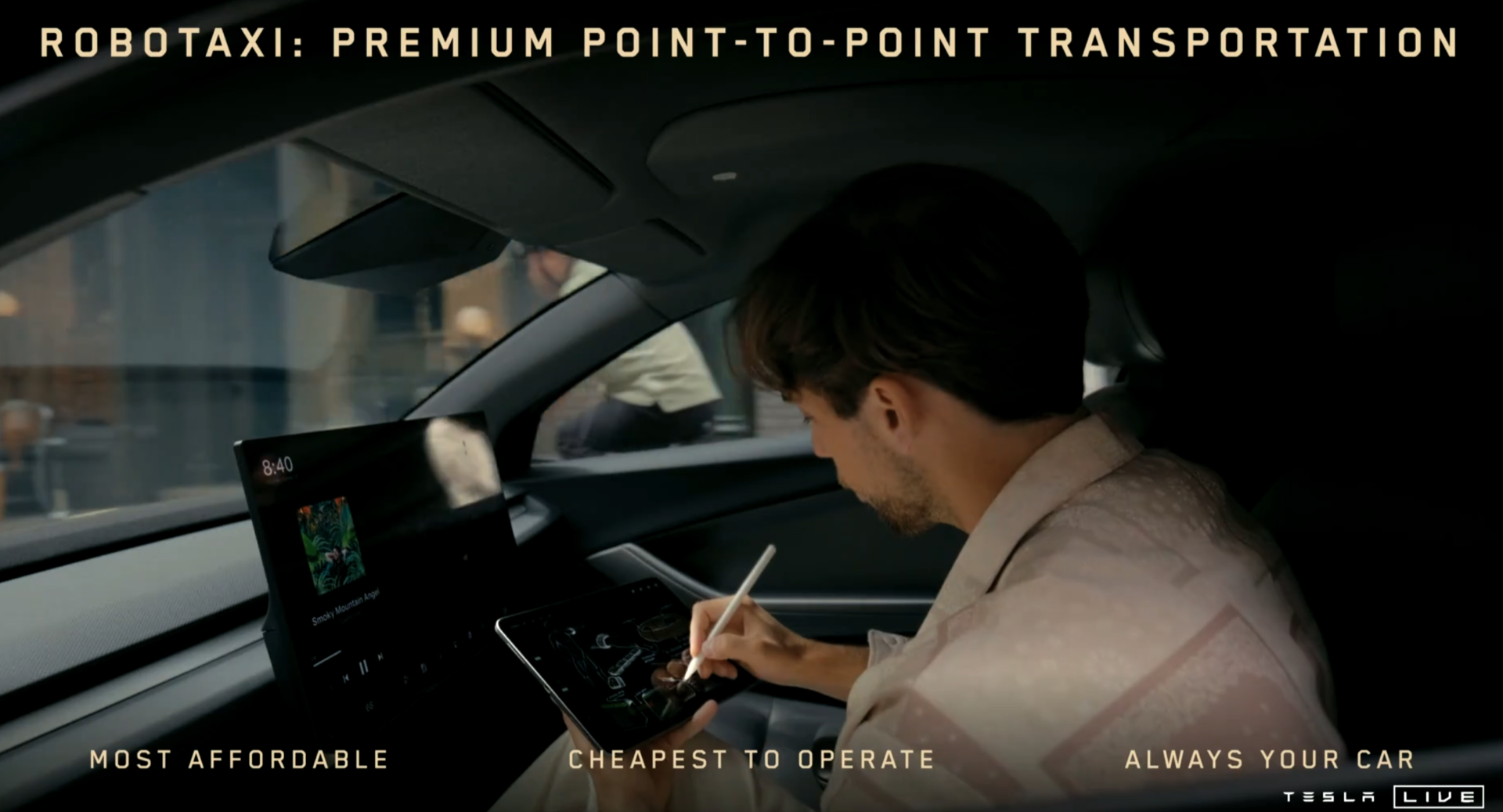 Vista interna del futuro Tesla Cybercab sin volante ni pedales