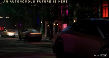 Vista nocturna del Tesla Cybercab destacando su diseño futurista.