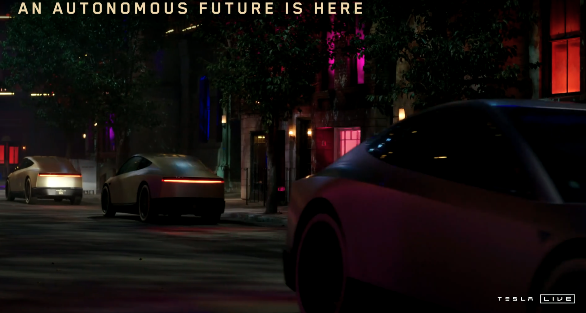 Vista nocturna del Tesla Cybercab destacando su diseño futurista.