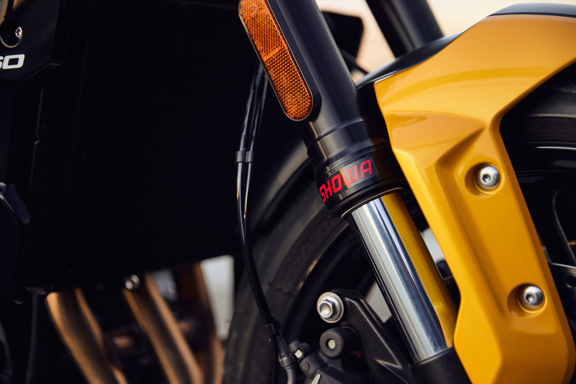 Vista de la suspensión y detalles metálicos de la Triumph Trident 660