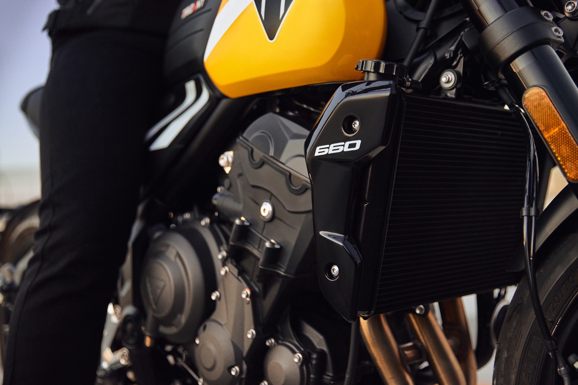 Motor tricilíndrico de la Triumph Trident 660, 81 CV de pura elegancia.