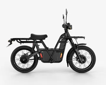 Vista lateral de la UBCO 2x2, una motocicleta eléctrica con diseño robusto y ruedas todoterreno.