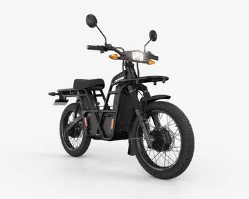 Ebike UBCO 2X2 con visión frontal y lateral, resaltando su diseño robusto y neumáticos todoterreno.