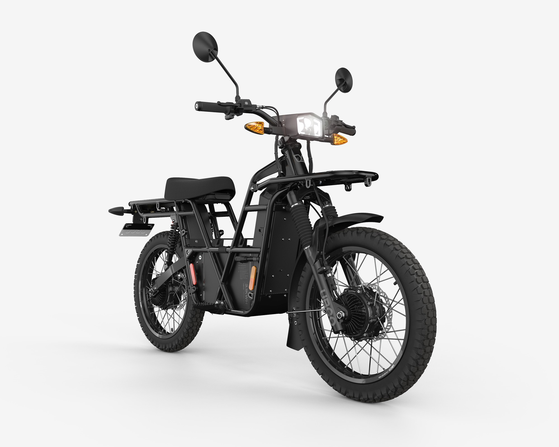 Ebike UBCO 2X2 con visión frontal y lateral, resaltando su diseño robusto y neumáticos todoterreno.