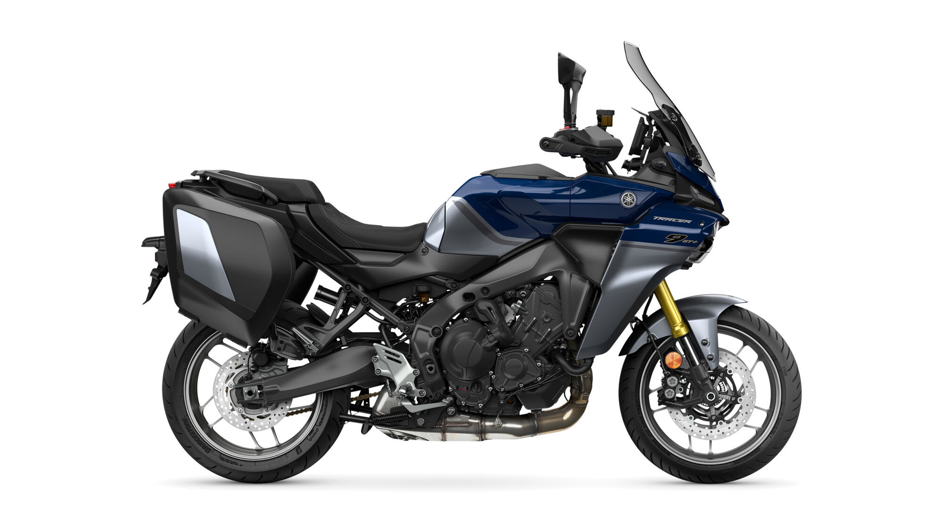 Vista lateral Yamaha Tracer 9 con maletas y acabado azul metalizado