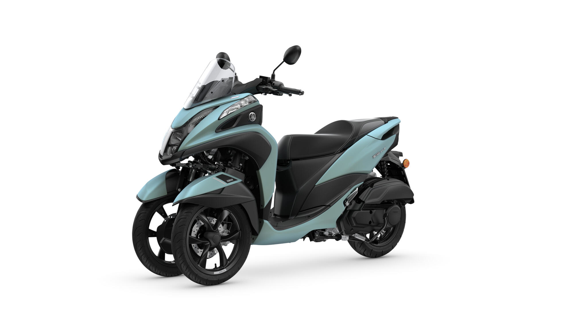 Vista lateral Yamaha Tricity 125, destacando su diseño de tres ruedas.