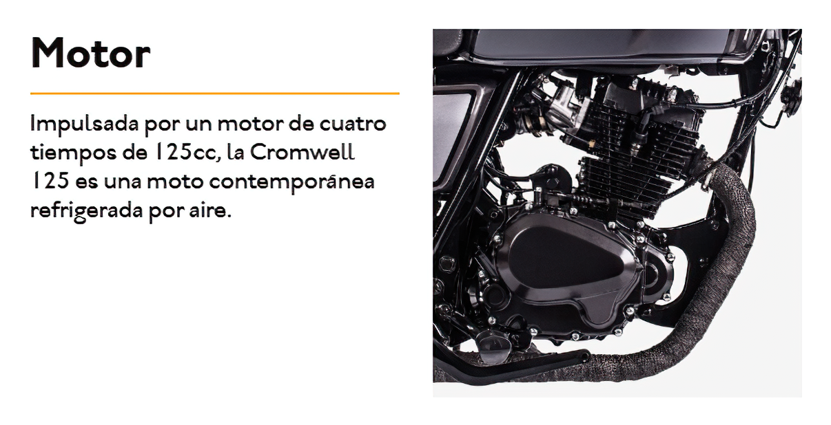Vista del motor de la Brixton Cromwell 125, revela su diseño compacto y funcional.
