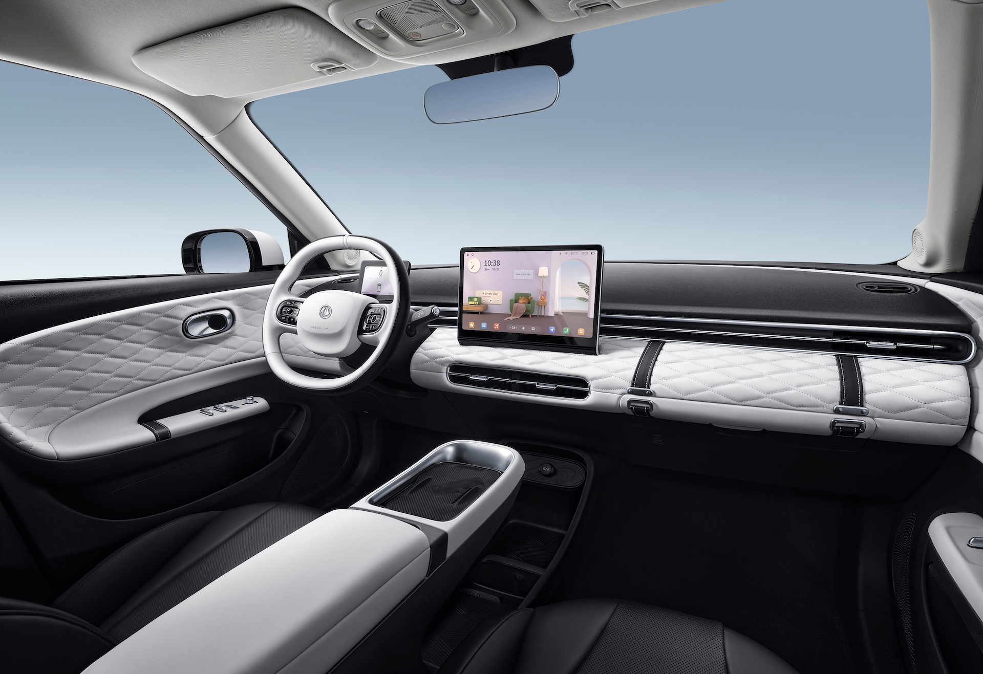 Vista del interior del Dongfeng Box, con un diseño moderno y tecnológico.