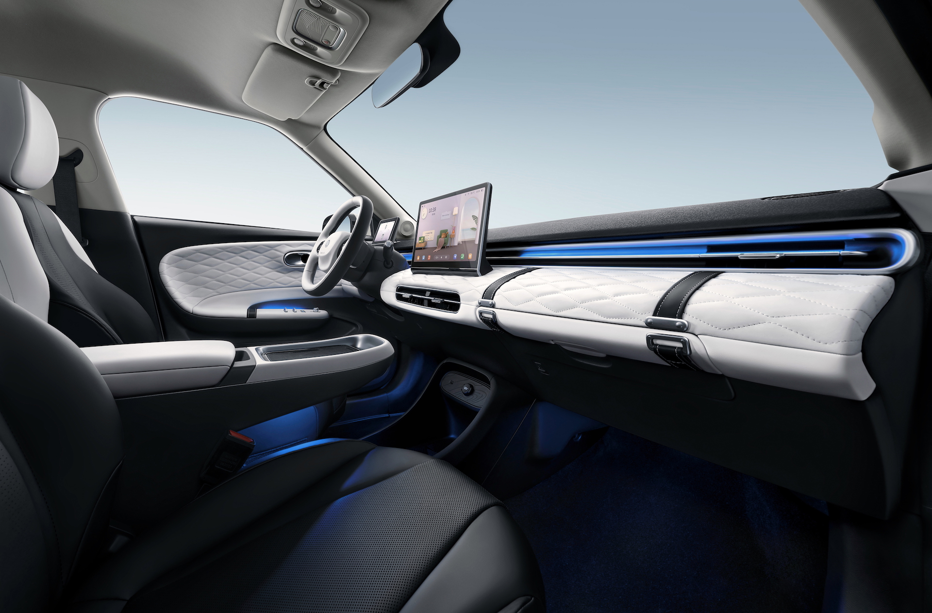 Vista del interior del Dongfeng Box, con diseño moderno y tecnológico.
