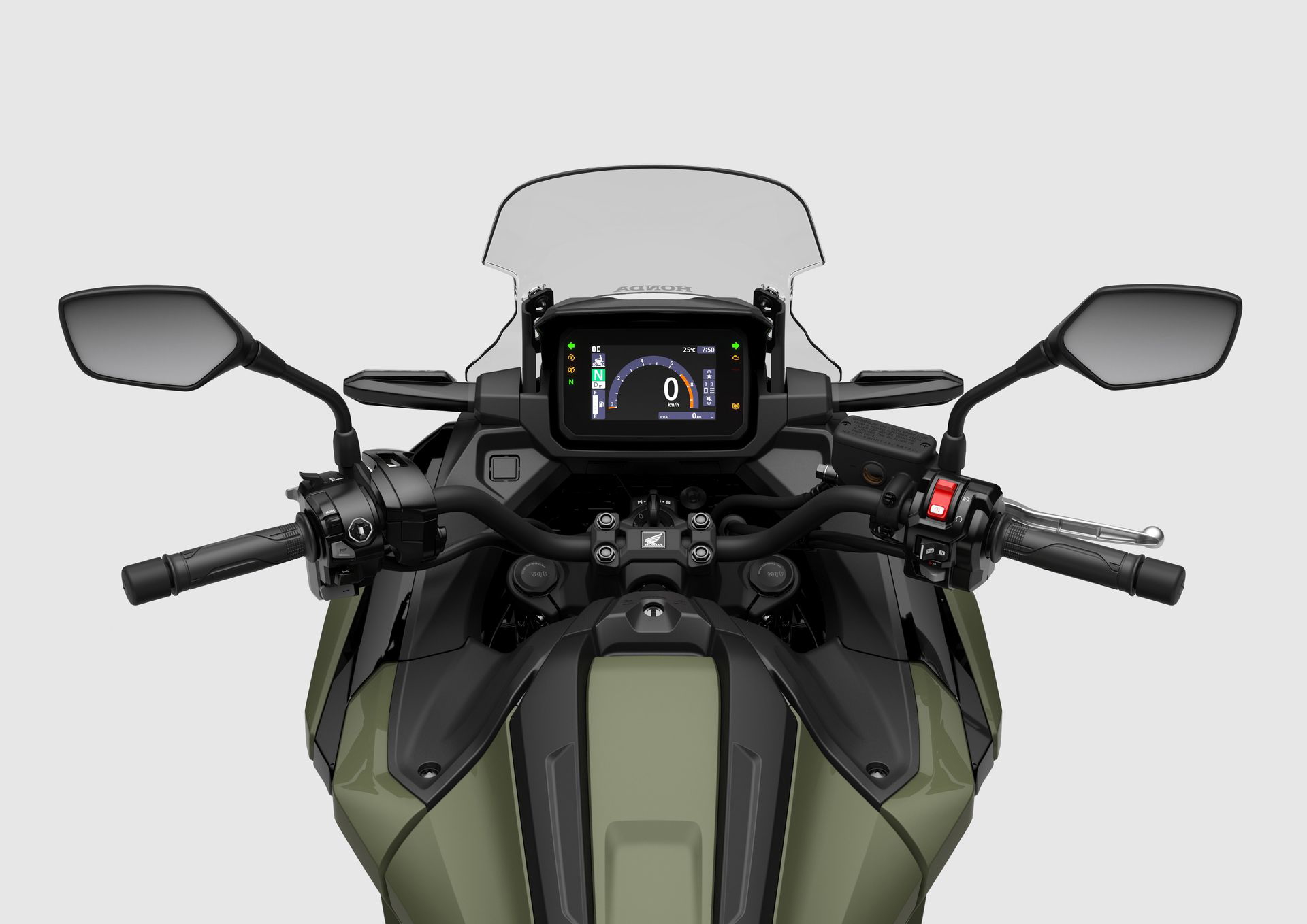 Vista frontal del panel de instrumentos de la NC750X, destacando su tecnología y ergonomía.