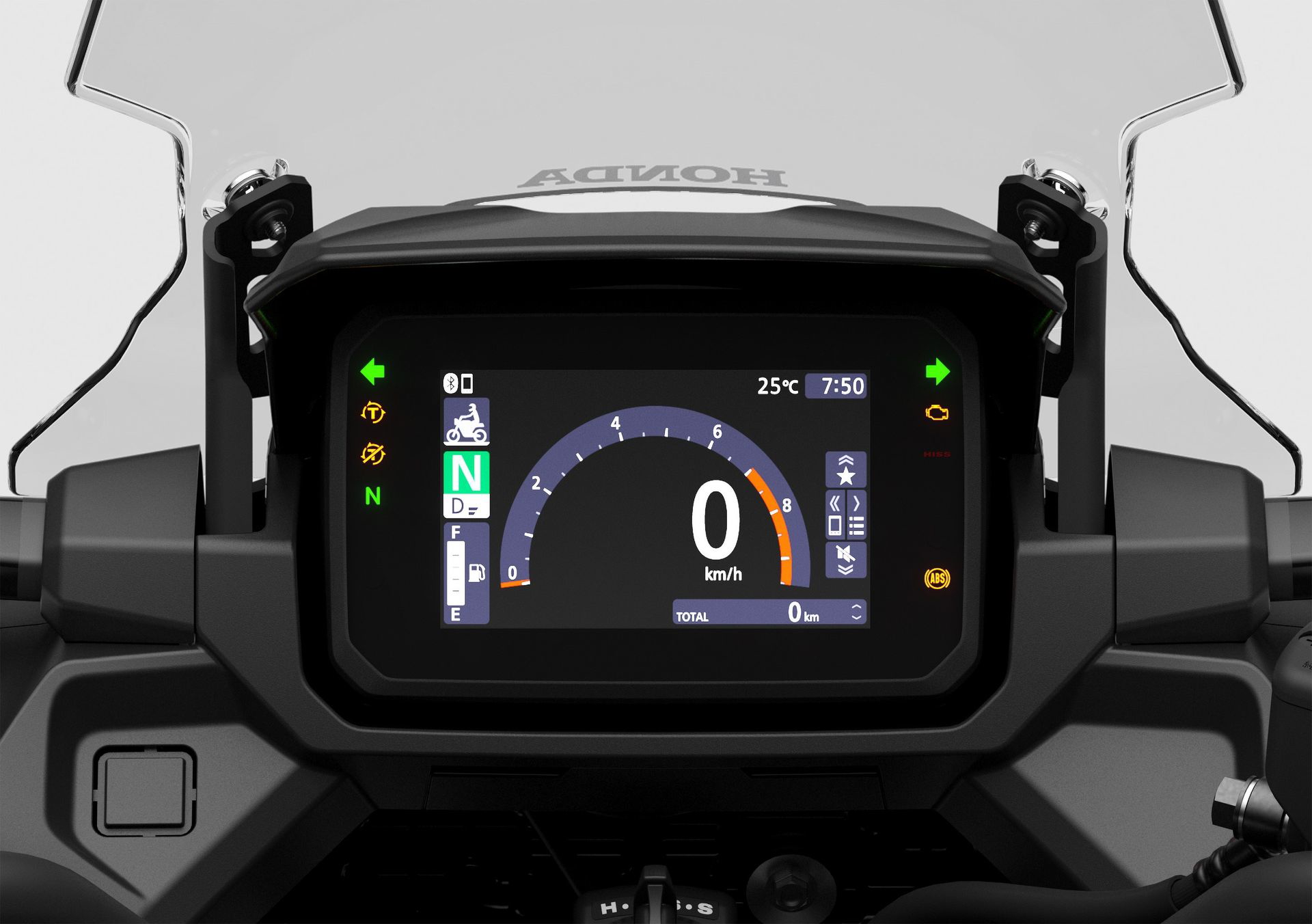 Tablero digital completo que muestra todas las métricas importantes del rendimiento de la NC750X.